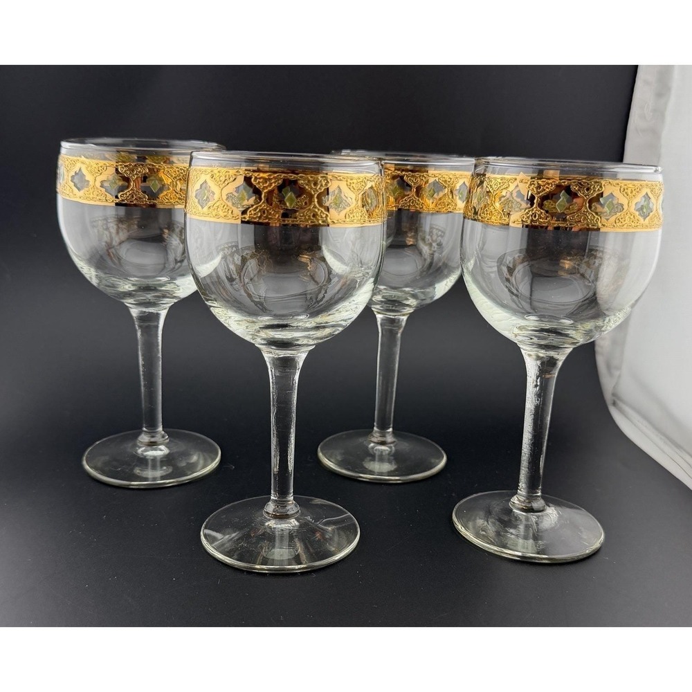 Vtg MCM Culver Valencia Green & Gold 22 Karat Wine Glasses Set of 4